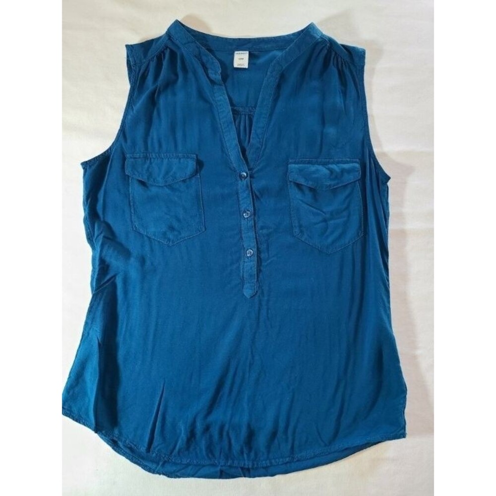 Old Navy Teal Rayon Tank Top S Sleeveless Button Front V Neck Blouse
